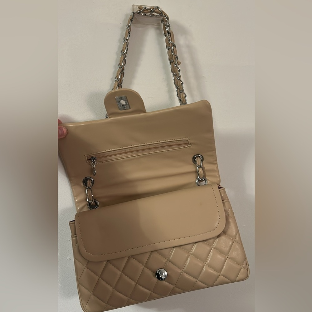 Beige Quilted Chain Strap Handbag